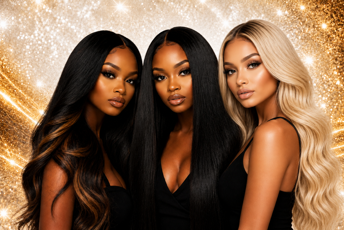 Drie modellen met lange straight en bodywave human hair extensions